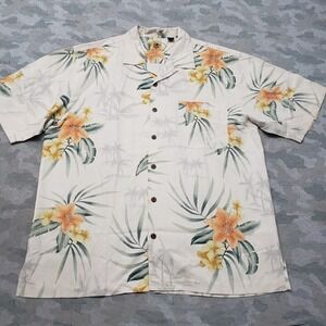 Eagle Dry Goods Shirt Mens Large Beige Short Sleeve Button-Up Hibiscus Tropical